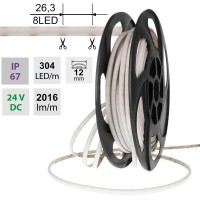 LED pásek, 304LED/m, 19W/m, 24V LED pásek IP67 LED pásek, těleso plast, povrch bílá, 304LED/m, 19W/m, teplá 2700K nebo 3000K, vyzař úhel 120°, Ra90, 24V, IP67, w=12mm, l=5000mm, dělitelnost 26,3mm, cena za 1m