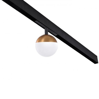 AULA PL TR 7W Svítidlo do magnetického systému, těleso kov, povrch zlatá, dif sklo opál, LED 7W, 850lm, teplá 3000K, vyzař. úhel 140°, 48V, IP20, rozměry d=100mm.