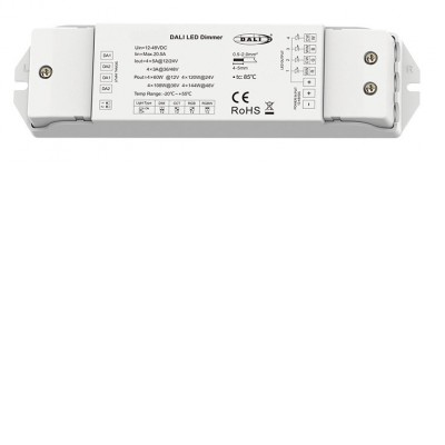 4CH, DALI to RGBW 4CH, Ovladač pro RGBW LED pásky, vstup 12-24V 20,5A, 5A/ch, 4x60W/12V, 4x120W/24V, 36-48V 3A/ch, 4x144W/48V, stmívatelný DALI/PWM 2kHz, nebo 8kHz, IP20, rozměry 175x45x27mm