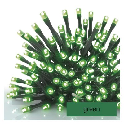 VR BASIC 100 LED řetěz zelená sv stále IP44, 10m VÝPRODEJ Spojovatelný vnitřní/venkovní vánoční řetěz, 100 LED zelená, svítí stále, svítící část 10m, rozteč 0,1m, IP44, kabel černá, trafo SAMOSTATNĚ