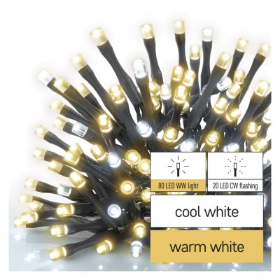VT BASIC 100 LED, řetěz, bliká, IP44, 10m VÝPRODEJ Spojovatelný vnitřní/venkovní vánoční řetěz, 100 LED, 80 LED teplá svítí stále, 20 LED studená blikající, svítící část l=10m, rozteč 0,1m, IP44, kabel černá, trafo SAMOSTANĚ