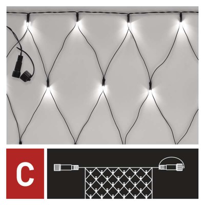 VT BASIC 140 LED, síť, bílá, svítí stále, 2x1,5m VÝPRODEJ Spojovatelný vnitřní/venkovní vánoční síť, 140 LED, studená, svítí stále, svítící část 2x1,5m, IP44, kabel černá, trafo SAMOSTANĚ