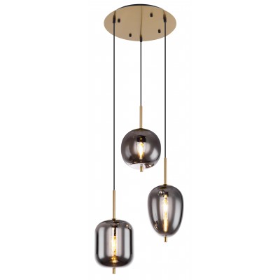 UDICO HL 3x40W, E14 Závěsné svítidlo, těleso kov, povrch mosaz mat, stínítko sklo kouřové, pro žárovku 1x40W, E14, 230V, IP20, tř.1, rozměry d=460mm, vč. závěs kabelů l=1200mm, lze zkrátit.