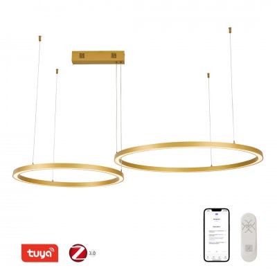 DENOVO 93W, TUYA-Z Závěsné svítidlo, kov, zlatá, dif plast opál, LED 93W, 6975lm, smart TUYA, Matter Zigbee 3.0, dálk ovl. nebo tel.  CCT nast teplá 2700K-denní 6500K, stmív 230V, d=800mm+600mm, záv lanko l=1500mm