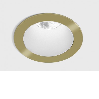 BASTOG R BI 8W IP44 Stropní, podhledové, bodové svítidlo, těleso hliník, povrch rámeček mosaz, komínek bílá, LED 8W, 640lm, teplá 3000K, vyzař. úhel 50°, UGR<19, 230V, IP44, rozměry d=48mm, h=67mm.