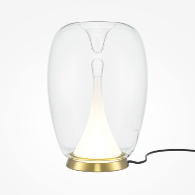 HOEMRO TL 15W Stolní lampa, základna kov, povrch saténová zlatá, stínítko sklo čiré, LED 15W, 360lm, teplá 3000K, Ra80, 230V, IP20, tř.2, rozměry d=200mm, h=272mm.