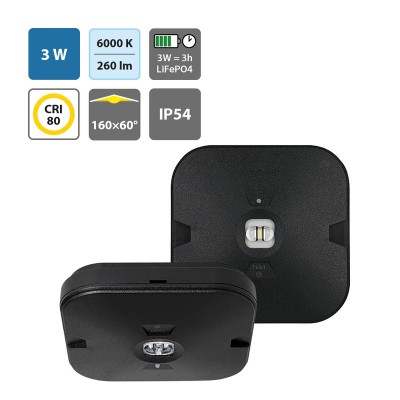 DULU 3W EM CORRIDOR/ OPEN AREA Stropní, přisazené nouzové svítidlo, plast černá, charakteristika OPEN AREA nebo CORRIDOR, SE - pouze nouzové svícení, LED 3W, 280lm, denní 6000K, záloha 3h, 230V, zvýšené krytí IP54, tř.2, 130x35x130mm.