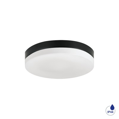 DISKUN Stropní, kruhové svítidlo, těleso kov, povrch černá, difuzor sklo opál, pro žárovku 3x60W, E27, 230V, zvýš. krytí IP44, tř.1, rozměry d=360mm, h=60mm.