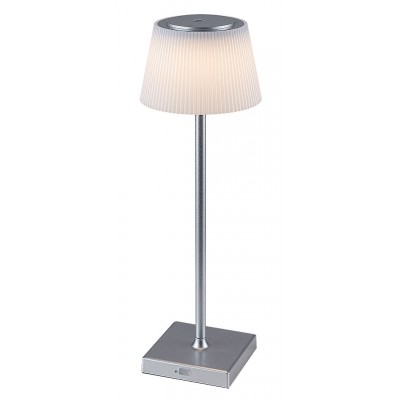LAURUS 4W, IP44, CCT, USB na baterie Stolní lampa, těleso kov, povrch stříbrná, stínítko plast bílá, LED 4W, přepín teplota CCT teplá 3000K, denní 5000K, 200lm, stmívatelné dotyk, IP44, tř.3, d=130mm, h=380mm, vč kable s USB konektorem.