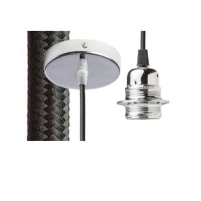 GIDOLA Závěsný kabel s objímkou, základna chrom, kabel textilní úplet černý, objímka chrom, pro žárovku 28W, E27, 230V, IP20, tř.1, d=100mm, l=1500mm, lze zkrátit, pouze závěs BEZ STÍNÍTKA
