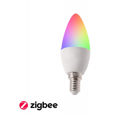 Smart bulb E14 CCT RGB ZigBee Světelný zdroj, žárovka, plast opál, LED 5W, 350lm,  E14, TUYA, smart telefon ZigBee, lze nast teplota CCT teplá 3000K - denní 6000K, Ra80, RGBW, IP20, 230V, d=37mm, l=120mm