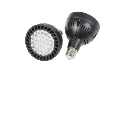 LED žárovka 45W E27 PAR30 Světelný zdroj bodová LED žárovka, materiál hliník, povrch černá, LED 45W, E27 PAR30, denní 6500K, 4300lm, Ra85, vyzař. úhel 24°, střední životnost 25.000h, rozměry d=94mm, l=118mm s ventilátorem