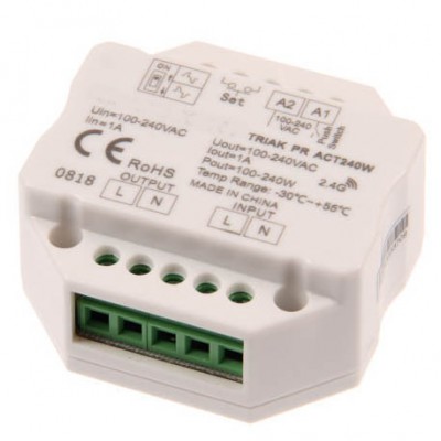 KADET - RF-DIM Přijímač stmívač 240W do KU68 RF přijímač pro příméTRIAC stmívání LED svítidel a LED žárovek zátěž max 240W, 1A, napájení 230V, dosah až 30m, rozměry 52x52x28mm do KU68, lze spárovat max 10 vysílačů na 1 přijímač