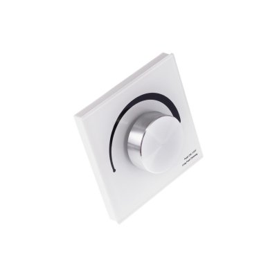 Stmívač 1-100% 4x3A, 12V/144W, 24W/288W Nástěnný RF bezdrátový ovladač stmívač 0-100%, bílý, pro LED pásky, zátěž max 4x3A, 12V/144W, 24W/288W, IP20, 86x86x50mm.