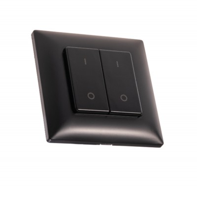 KADET - RF-DIM W 2CH vysílač stmívač 2 zónový, RF bezdrátový nástěnný vysílač bílý, pro stmívání LED svítidel a LED pásků napájení baterie CR2032, dosah až 30m, rozměry 86x86x14mm, lze spárovat neomezeně vysílačů na 1 přijímač