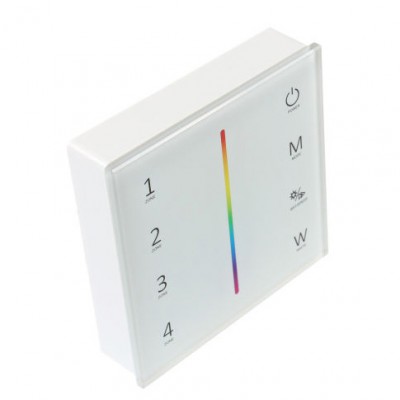 KADET - RF-DIM RGBW NO 4Z VÝPRODEJ RF bezdrátový nástěnný RF dálkový ovladač pro řízení RGBW LED pásků dosah až 30m, 4 nezávislé zóny, napájení baterie 2xAAA 1,5V, barva bílá rozměry 86x86x21mm