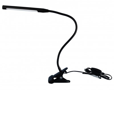 LOIR 5W CCT Stolní lampa s klipem, nastav směr svícení, husí krk, kov, černá, LED 5W, 500lm, přepín teplota CCT teplá 3000K, neutr 4000K, denní 6000K, stmívač, 230V, IP20, rozměry l=450mm.